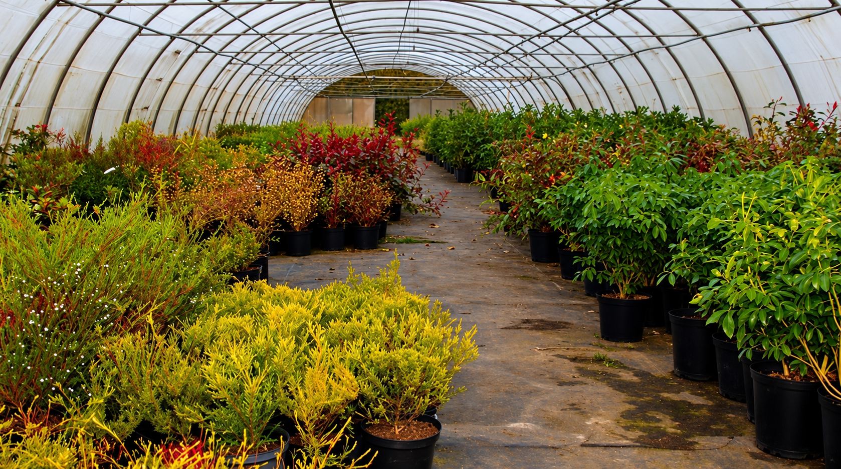Une longue serre tunnel en plastique abrite de chaque côté d'une allée de nombreux arbustes en pots aux feuillages verts, dorés et rouges.