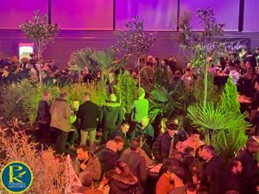 Une foule dense de visiteurs se presse entre des plantes vertes et des palmiers lors d'un événement en soirée, sous un éclairage violet.