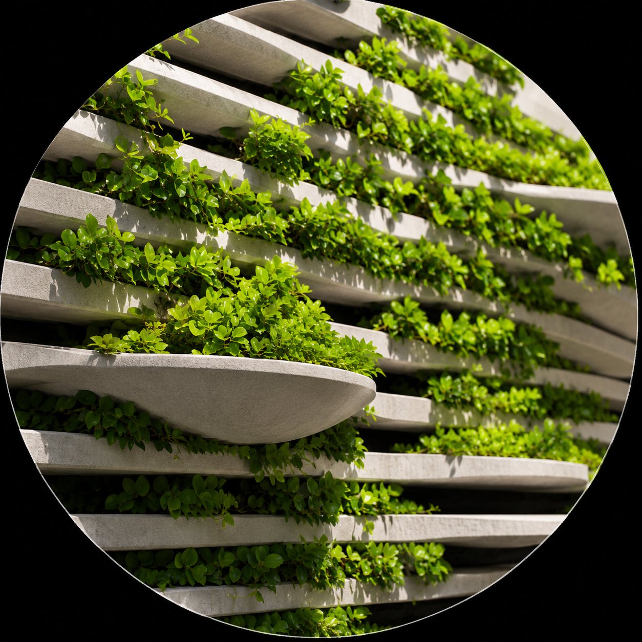 Mur végétal aux plantes grimpantes avec une jardinière blanche suspendue