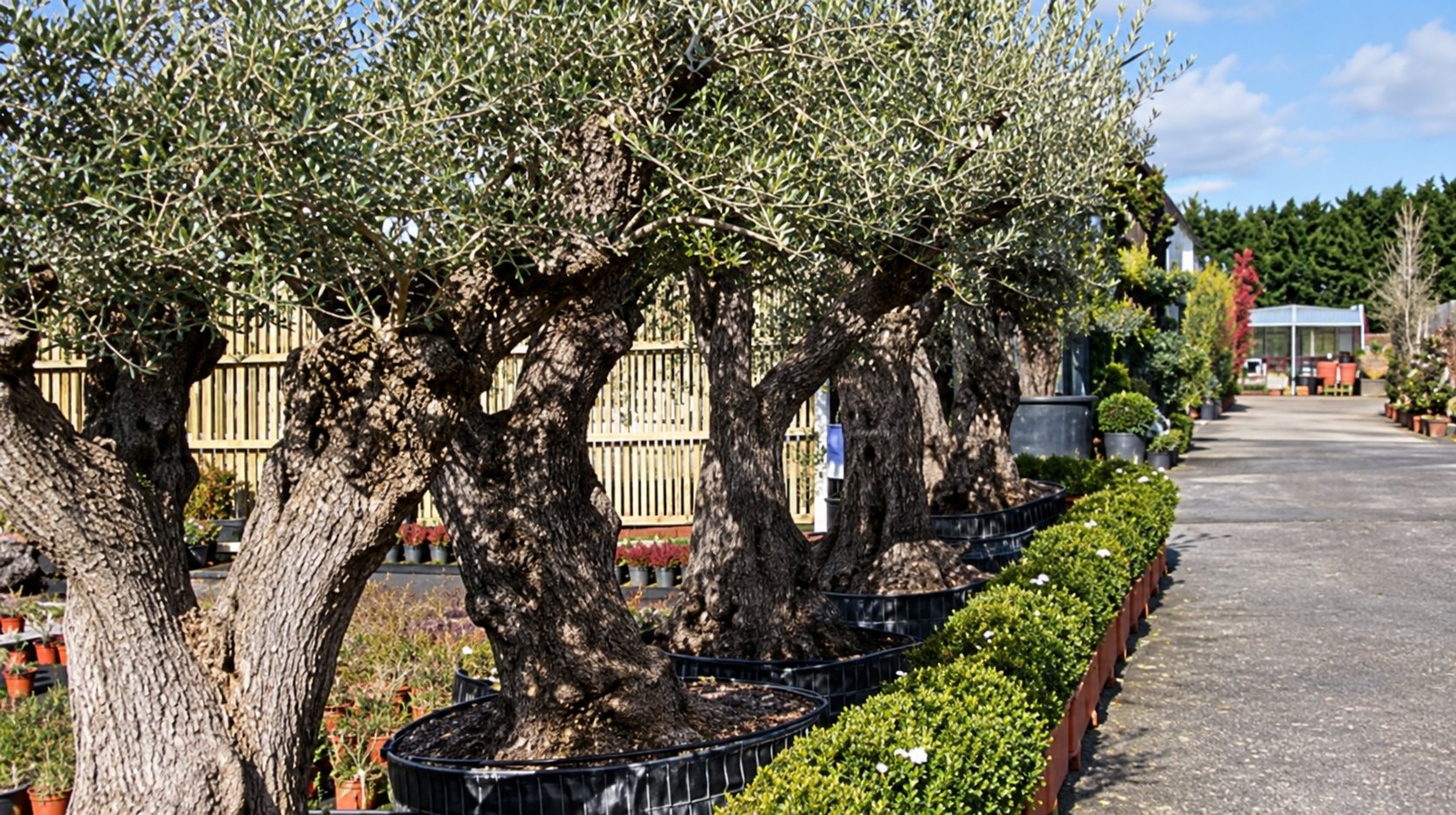 Plusieurs vieux oliviers au tronc noueux alignés le long d'une allée de pépinière, bordée d'une haie basse et d'une clôture en bois.