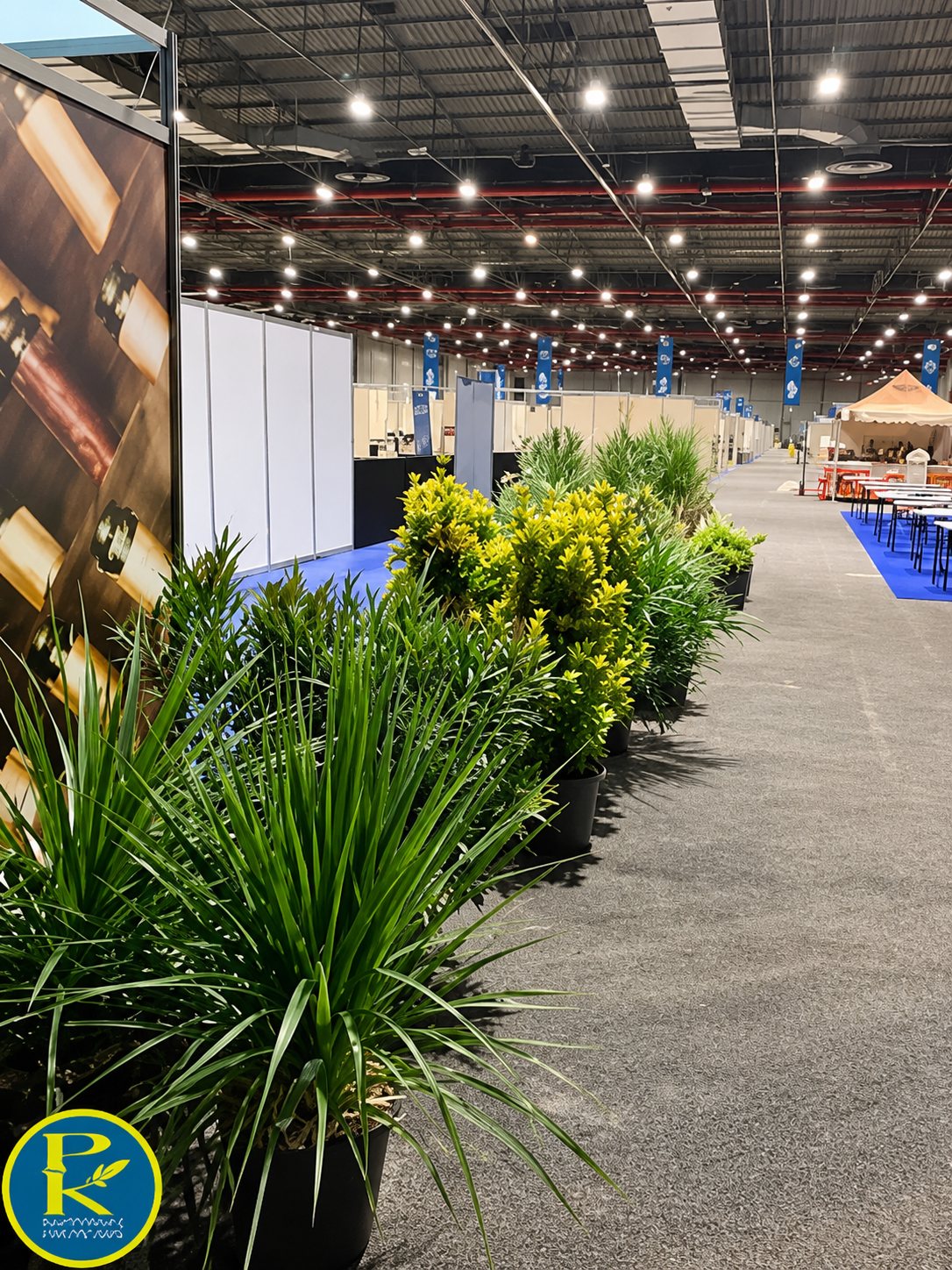 Une rangée de plantes vertes et d'arbustes décore l'allée d'un grand hall d'exposition en cours d'installation, avec des cloisons blanches et de la moquette bleue au fond.