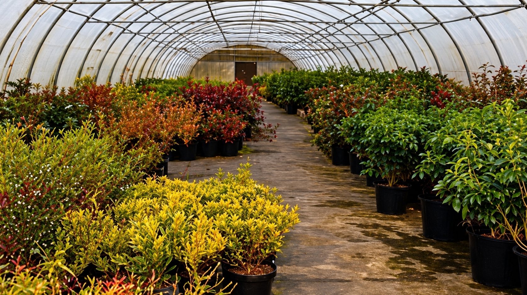 Une grande serre tunnel de pépinière avec une allée centrale bordée de nombreux arbustes et plantes en pots au feuillage vert, jaune et rouge.
