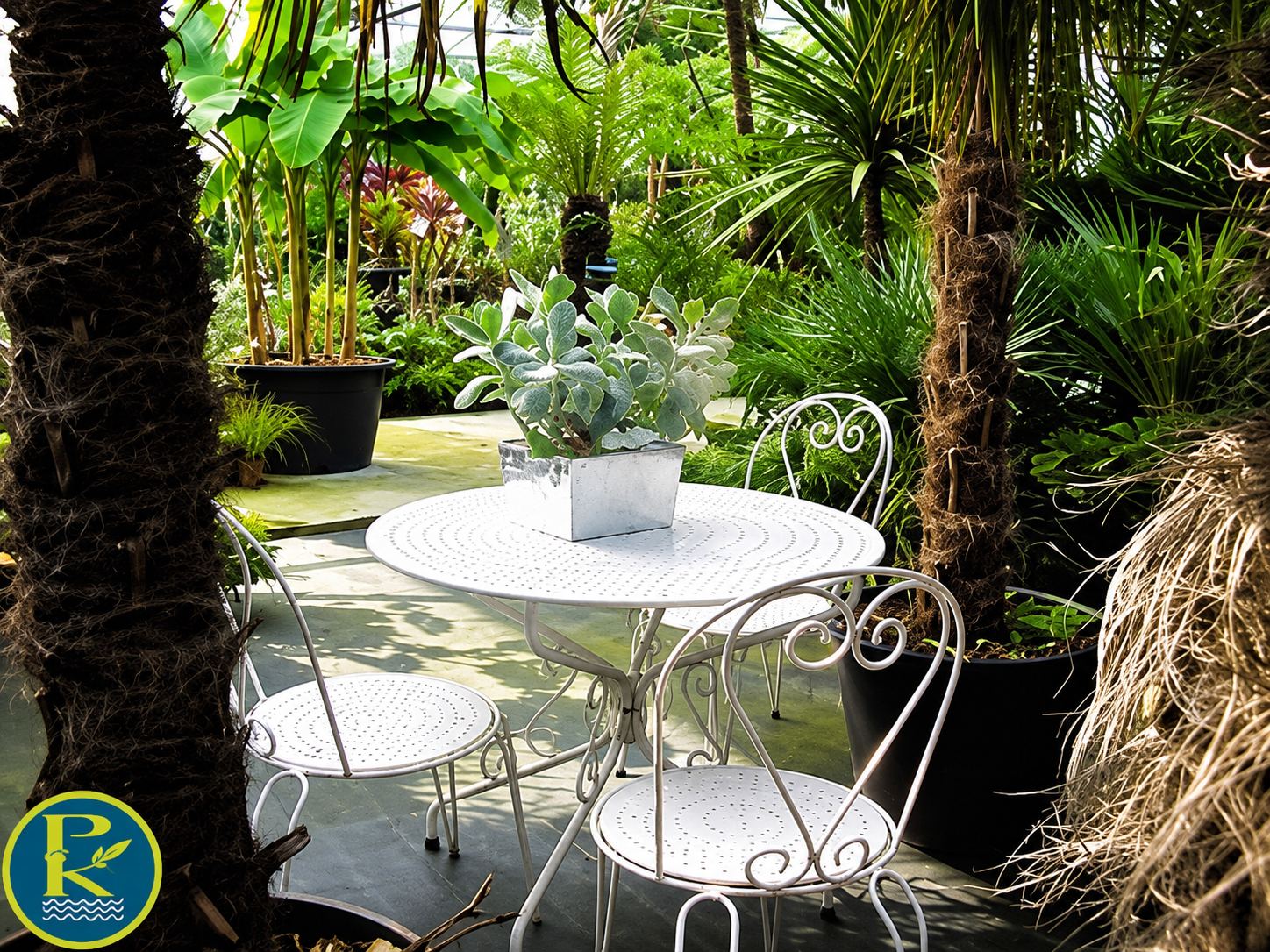 Une table ronde blanche et deux chaises en fer forgé sont installées dans un jardin d'hiver entouré de palmiers et de plantes vertes.